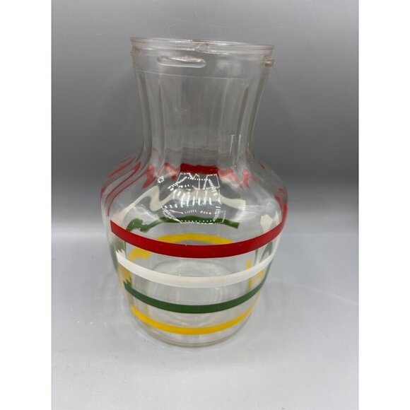 Vtg Glass Juice Pitcher Carafe With Colorful Stripes - Picture 1 of 5